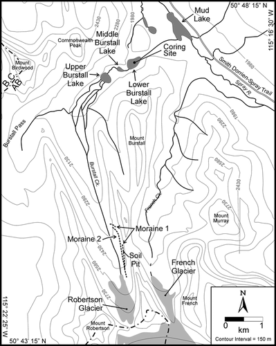 FIGURE 2. Contour map of the Burstall Pass area showing the Robertson Glacier, lateral and terminal moraines, and the locations of the soil pit in Moraine 1 and the coring site in Lower Burstall Lake