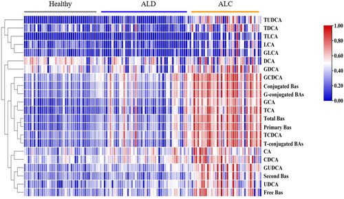 Figure 5. Heatmap visualization of 22 bile acids among the three groups of healthy, ALD and ALC.