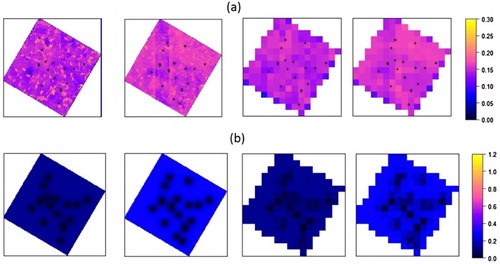 Figure 9. Albedo values interpolated using high-resolution imagery and regression-kriging (with a 30-m grid (left) and with a 500 m grid (right)): predictions (a) and the prediction variance (b).