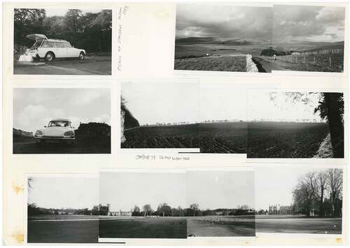 Figure 15. Page from photo album, 1973–1976. Top left: Picnic at Scaceber, Autumn 1973. Middle panorama, Six Mile, January/February 1974. Bottom: trees. Photographs by Alison and Peter Smithson. Credits: Smithson Family Collection.