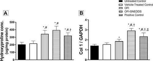 Figure 7 Effect of OFI-SNEDDS on collagen formation in wounded skin of rats. (A) represents hydroxyproline content and (B) represents Col 1 relative mRNA expression. Data are presented as Mean ± SD (n = 6). Statistical analysis was performed by one-way ANOVA followed by Tukey’s test. *Significant difference from Untreated Control group at p < 0.05. #Significant difference from vehicle-treated group at p < 0.05. †Significant difference from OFI group at p < 0.05. ‡Significant difference from OFI-SNEDDS group at p < 0.05.
