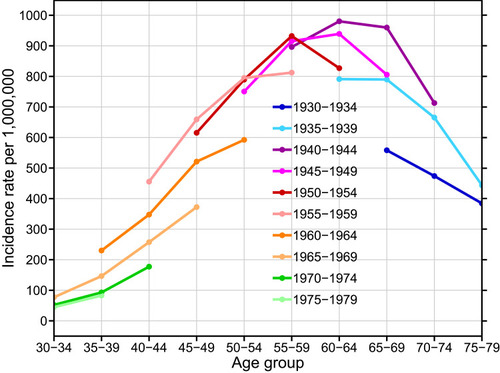 Figure 4 Incidence rates of ALD per 1,000,000 Danish population by 5-year birth cohorts from 1930 to 1979 (colors) and 5-year age groups from 30 to 79 years (x-axis).