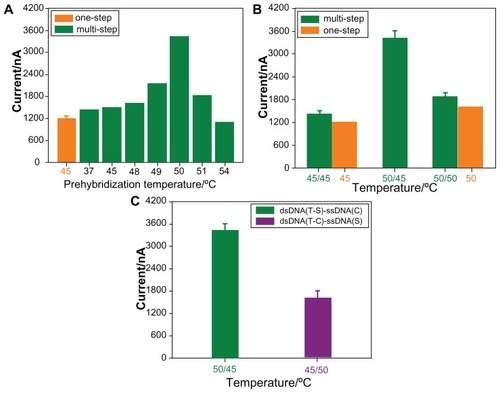 Figure 3 Current responses of the different sandwich-type biosensors after hybridization with the complementary target sequence: (A) the prehybridization solution for multistep temperature-controlling method was first heated at 90°C and incubated at different temperatures: 37°C, 45°C, 48°C, 49°C, 50°C, 51°C, 54°C; (B) one-step or multistep temperature-controlling process at 45°C and 50°C, respectively; (C) multistep temperature-controlling process for dsDNA(T1-S)-ssDNA(T2) complex and dsDNA(T2-C)-ssDNA(T1) complex.Abbreviations: T, target sequence; S, reporter probe; C, capture probe.