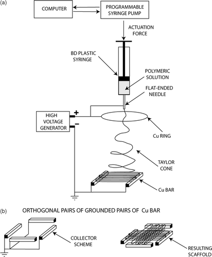 Figure 5. Schematics of the electrospinning experimental set up, where the grounded collecting electrodes were (a) two Cu parallel bars, (b) two pairs of Cu bar electrodes placed orthogonal to each other.