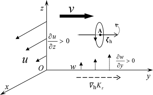 Figure 1. Schematic illustration of the conversion from horizontal helicity to vertical helicity, where the ellipse stands for the circulation associated with ζh, the thick solid arrow is meridional wind, short dashed arrows are vertical wind, the long dashed vector is the horizontal gradient of vertical KE, thin solid vectors stand for zonal wind, and the dashed curved vector represents the tilting direction of the horizontal vorticity vector.