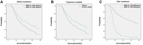 Figure 5 The prognosis values of serum MMP-9 in patients with ESCC. (A) Overall survival with high (≥ 926.49 ng/mL) and low (< 926.49 ng/mL) MMP-9 levels in patients before treatment. Hazard ratio =1.490 (95% CI, 0.995–2.231), P=0.053. (B) Overall survival with Chemo group and Chemo+Radio group. Hazard ratio =1.453 (95% CI, 0.947–2.227), P=0.087. (C) Overall survival with high (≥ 820.693 ng/mL) and low (< 820.693 ng/mL) MMP-9 levels in patients after chemotherapy or concurrent radiotherapy. Hazard ratio =0.155 (95% CI, 0.095–2.254), P < 0.001. Chemo: patients received at least four times of chemotherapy. Chemo+Radio: patients received concurrent radiotherapy at the first cycle of chemotherapy.