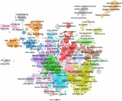 Figure 6. Collaboration network of authors. The cooperation relationships of authors that published articles related to PAH from2011 to 2020. Different colors represent different clusters.