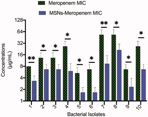 Figure 5. Haemolysis of human red blood cells (HRBCs) in the presence of different concentrations (1–128 μg/mL) of meropenem-loaded MSNs.