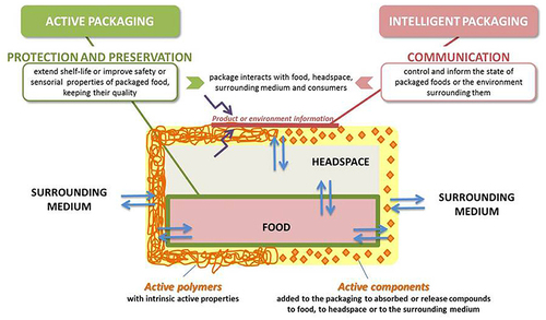 Figure 3. General schematic diagram of active and intelligent food packaging. Reprinted from [Citation63] with permission from frontiers (CC-BY 4.0 license).