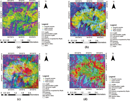 Figure 12. A) FCC (red: phyllic, green: argillic, blue: propylitic) map and alteration map for a) PCA method b) band ratio method c) MTMF method d) LSU method.