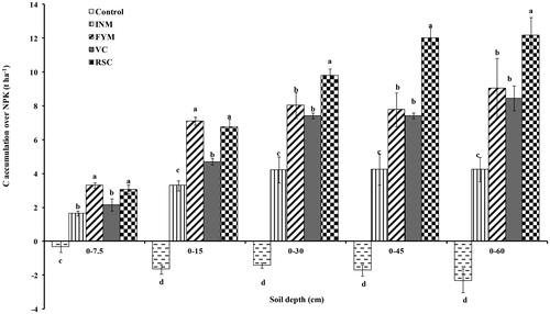 Figure 1. Carbon accumulation (over fertilizer NPK) in soil at different profile depths after 10 years of management with farmyard manure (FYM), vermicompost (VC), rice straw compost (RSC) and integrated use of NPK and FYM (INM) and unamended control in a rice–wheat system. Vertical line bars show standard error. Bars labeled with different letters indicate significant (p < 0.05) difference by Duncan’s multiple range test.