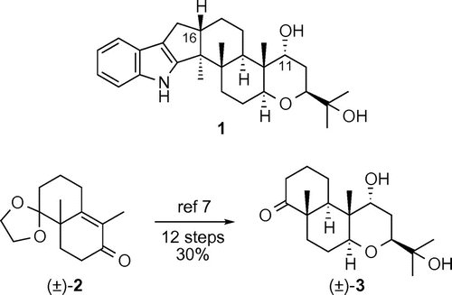 Fig. 1. Structures of terpendole E (1) and our key synthetic intermediate (±)-3 previously prepared from known enone (±)-2.