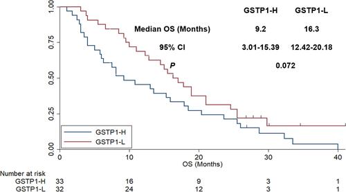 Figure 5 The overall survival of the 65 patients with high-grade glioma according to mRNA expression status of GSTP-1 gene.