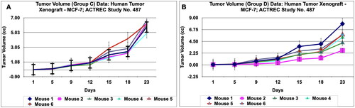 Figure 13. Tumour volume of group C and tumor volume of group D data of human tumor Xenograft - MCF-7 mice model treated with Prakasine for 23 days. A and B : In both the group C and D the tumour volume has increased gradually in all the six animals from 1st day to 23 rd day.