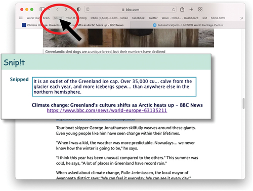 Figure 1. Snip!t in action capturing a portion of a web page (Dix et al., Citation2006).