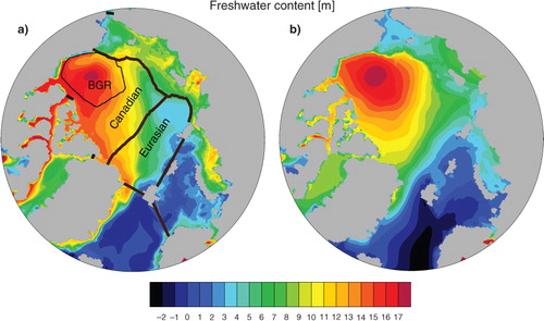 Fig. 2 Mean freshwater (FW) height in m integrated over the top 256m for the period 1968–2011 for (a) RCO model and (b) PHC (Polar Science Center Hydrographic Climatology 3.0). The regions marked with black lines in (a) are used to calculate FW/tracer volumes in Fig. 3.