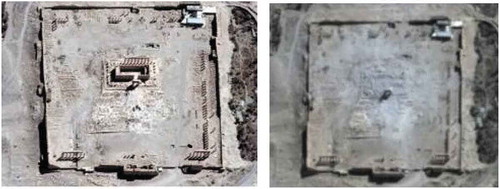 Figure 18. Pleiades satellite images of the Temple of Bel, Palmyra. Left: Taken on 27.8.2015, right: Taken on 31.8.2015, after destruction (courtesy Reuters)