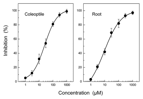 Figure 2. Effect of 2-hydroxy-6-(10-hydroxypentadec-11-enyl)benzoic acid (HHPEBA) on coleoptile and root growth of ryegrass seedlings. Ryegrass seeds were incubated in aqueous solution of HHPEBA for 48 d, and the length of coleoptiles and roots of ryegrass seedlings were measured as described previously.Citation2 Inhibition % was then determined as described in Figure 1.