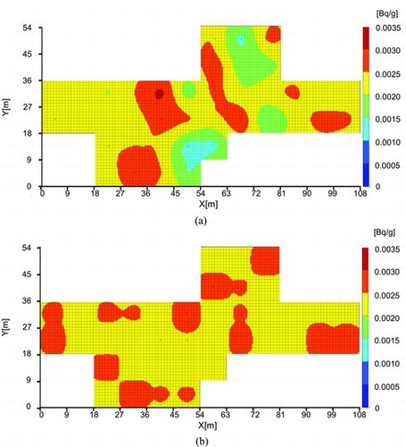 Figure 10. Estimated distributions of the radioactivity concentrations of (a) 137Cs and (b) 60Co by ordinary kriging with L = 1.