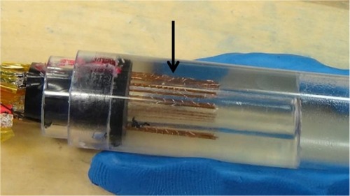 Figure 5 Test structure with multiple thermocouples (black arrow) embedded in gel.