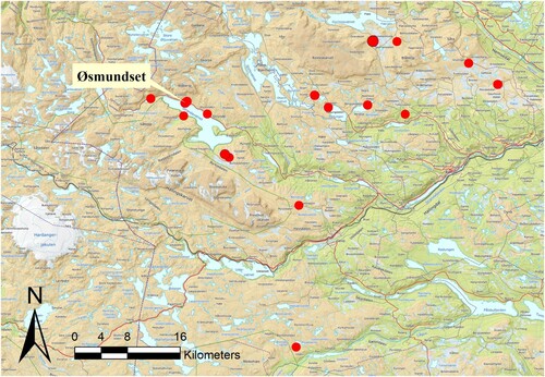 Figure 2. Map showing sites with round dwellings in Hallingdal. Data from the national cultural heritage database Askeladden.