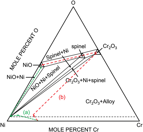 Figure 10. Schematic representation of Ni-Cr-O equilibrium phase diagram at 650°C with diffusion paths for (a) IOZ+pure Ni+NiO on Ni-25Cr without coating and (b) IOZ+chromia band+(spinel)+NiO with salt coating.