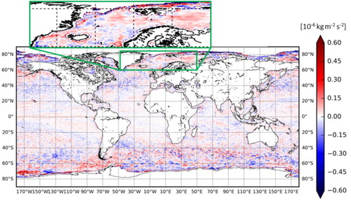 Figure 1.8.3. Wind stress curl anomaly of 2016 with respect to the climatology from 2007 through 2014 as computed from ASCAT-A (product reference 1.8.2) in units of 10−6/s.