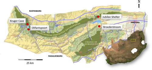 Figure 1. Map of the Magaliesberg Biosphere Reserve, South Africa, adapted after Carruthers (Citation2019), showing the location of sites mentioned in the text. Core areas of the Reserve are shown in dark green, conservancies in light green and the transitional zone in yellow.