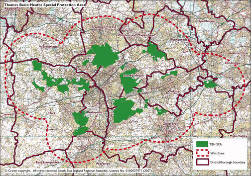 Figure 1. Thames Basin Heaths Special Protection Area and extent of zone of influence.