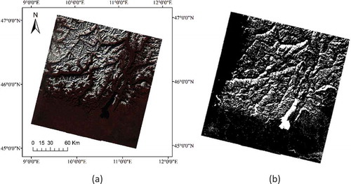 Figure 5. (a) The false colour of Landsat 8 image with path = 193, row = 028 and day of year (DOY) = 1 (2014). (b) The water map from CFmask (Zhu and Woodcock Citation2012).