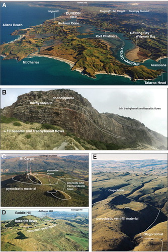 Figure 4. A. View to the southwest over the Dunedin Volcano. B. North Head at Aramoana displays a section through a heterogeneous stack of lavas. C. At 680 m, Mt Cargill is the highest point of the volcano and is capped by phonolitic domes. D. Saddle Hill, Jaffrays Hill and Scroggs Hill are prominent volcanic piles that overlie Cenozoic sequences just south of Dunedin city. E. The Crater near Middlemarch is the oldest dated DVG component and is an eroded diatreme within Otago Schist. A, C, D and E are from the Lloyd Homer GNS collection.