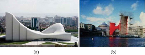 Figure 2. (a) The Heydar Aliyev Cultural Center (Hufton + Crow | Projects | Heydar Aliyev Centre, Citation2014), (b) The Taratantara. Anish Kapoor (Anish Kapoor: Installing Taratantara, Citation1999)