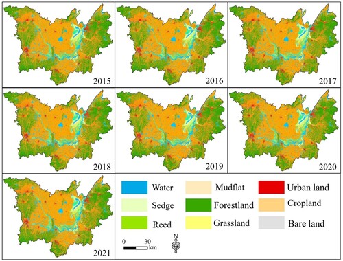 Figure 7. The annual land cover maps of DLW during 2015–2020.