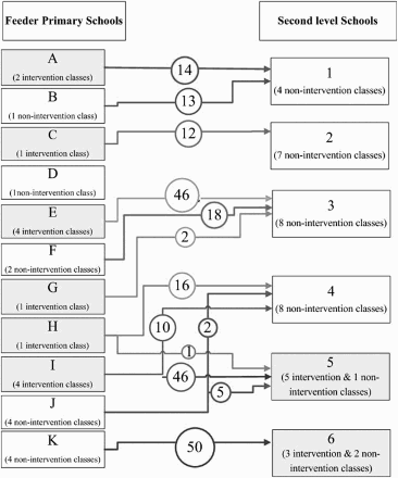 Figure 2. Map of cross-phase transfer across primary and secondary schools and number of students tracked