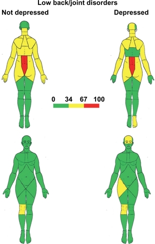 Figure 2 Percentage distribution of pain areas in patients with low back/joint disorders (LBJ) with and without concomitant depression.