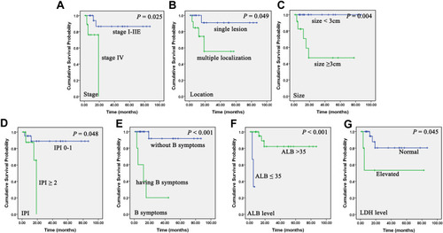 Figure 3 Correlation of clinical and laboratory parameters on progression-free survival (PFS) of primary gastric diffuse large B-cell lymphoma (PG-DLBCL) patients. Kaplan–Meier curves show the association between stage (A), location (B), size (C), international prognostic index (IPI) (D), B symptoms (E), serum albumin (ALB) level (F), lactate dehydrogenase (LDH) level (G) and PFS of PG-DLBCL patients in our study. All the P values are shown in the graph, by Log rank test.