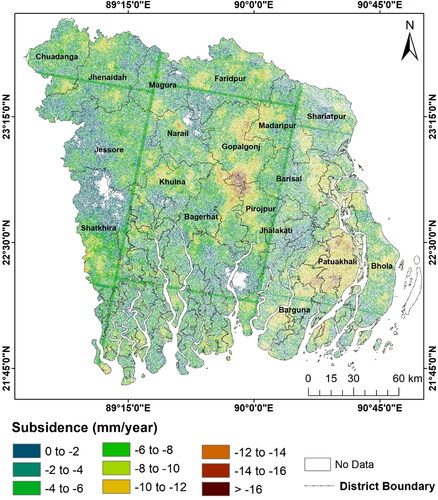 Figure 9. Map showing the rate of land subsidence from 2014 to 2022 in the entire study area. It is very clearly visible that the rate of land subsidence varies significantly in different districts.