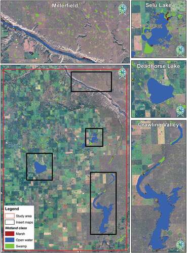 Figure 8. Comparison of AMWI and optimal multi-temporal wetland products of selected sites in the study area – Deadhorse Lake (A and B), Crawling Lake (C and D), and Mattoyekiu Lake (E and F)