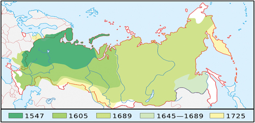 Map 1. Expansionist politics of the “Tsardom of Russia,” 1547–1721 (https://commons.wikimedia.org/wiki/File:Growth_of_Russia_1547-1725.png).