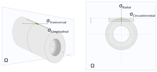 Figure 4. Schematic of the direction of stress measurement performed on a cylindrical geometry; (a) transversal and longitudinal; and (b) radial and circumferential directions along the cross-section.