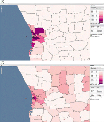 Figure 6. (a) Raw count, 18- to 24-year-old demographic. (b) The 18- to 24-year-old demographic as a proportion of the underlying population.