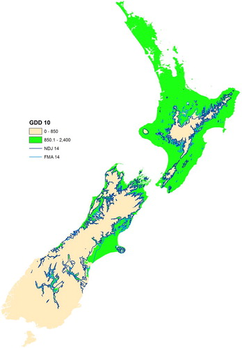 Figure 3. Map of the mean annual growing degree days (base 10°C) for New Zealand, based on the period 1981–2010, showing areas above (green) and below (fawn) 850 GDD. Also shown are 14°C contours of the mean November–January (NDJ) and February–April (FMA) temperature, based on the same 30-year period.