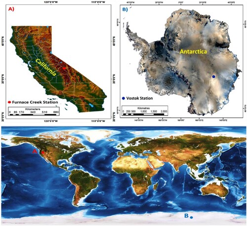 Figure 4. Geographical location of meteorological stations at the hottest (A) and coldest points (B) on Earth.