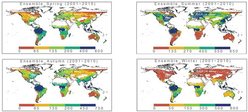 Figure 2. Seasonal Reco patterns from Reco_2001_2010_data_set (unit: gCm−2). Spring: March, April and May; Summer: June, July and August; Autumn: September, October and November; Winter: December, January and February. The largest seasonal change occurs in the northern hemisphere.