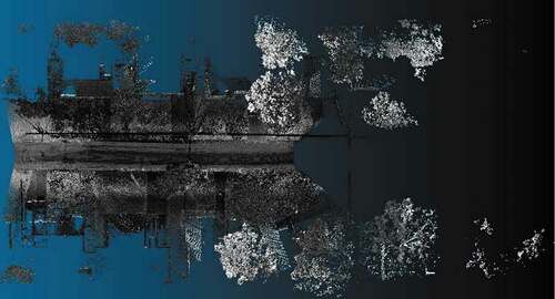 Figure 12. Visualization of the dataset labeled as Ladyb2 using the software CloudCompare. The dataset is a point cloud acquired using a truck-mounted scanner in a residential area and it includes a street, some trees and house facades.