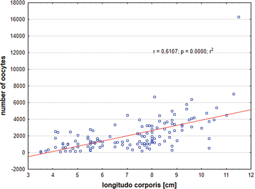 Figure 8. Absolute fecundity in Chinese sleeper (Perccottus glenii) in relation to standard length (SL); (p < 0.05, ANOVA Kruskal–Wallis test).