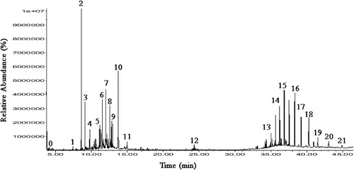 Figure 1. Total ion chromatogram of the volatile components and chemical composition in HAnS. Chemical composition of Herbal Antibiotics Source (HAnS) by GC-MS with retention time(rt): 0. 3-Hexanol (standard mixture solvent); 1. Thymol; 2. Eugenol; 3. Benzene, 1-methyl-2-(1-methylethy); 4. Phenol, 2-methoxy-5-(1-propenyl)-(E)-; 5. Cyclobutane, 1,2-dipropenyl-; 6. 2-Cyclohexen-1-one, 5-methyl-2-(1 methylethyl); 7. Cyclohexane, bromo; 8. 3-Hexen-1-ol, 2,5-dimethyl-, formate,(Z)- 9. (-)-E-Pinane 10. s-Indacene, 1,2,3,5,6,7-hexahydro-1,1,7,7-tetramethyl; 11. 6-Methoxy-2,3-dihydro-1-benzofuran-3-acetic acid; 12. 9-Octadecenoic acid, (E)-; 13. Hexacosane; 14. Heptacosane; 15. Silicic acid, diethyl bis(trimethylsilyl) ester; 16. Piperine; 17. Vitamin E; 18. Heneicosane, 11-decyl-; 19. Eicosane; 20. Octacosane; 21. Octadecane.