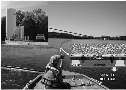 Figure 2. Hypolimnetic oxygenation diffuser placement montage in Vadnais. Diffusers run off the vaporization pressure of liquid oxygen. After manufacture at the lake side, diffusers were placed over deep holes and sunk to position by flooding the ballast pipe. (Photo credit: Jacobs. Schematic: Mobley Engineering, Inc.).