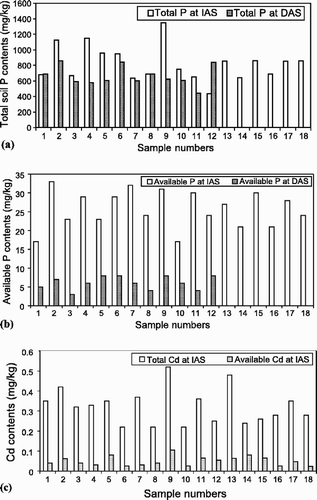 Fig. 2. Contents of (a) total P, (b) available P at IAS and DAS: (c) total and available Cd at IAS.