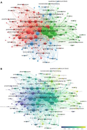 Figure 4 Co-occurrence analysis of 137 keywords. Each circle indicates a keyword. Items with bigger size represent more citation counts and smaller ones represent fewer citation counts. The closer distance between the two keywords represents the stronger co-occurrence. (A) Mapping of keywords in research of post cesarean pain management; 137 keywords are divided into 3 clusters. (B) Overlaid visualization map by average publication year, with violet representing earlier year and yellow representing recent year.